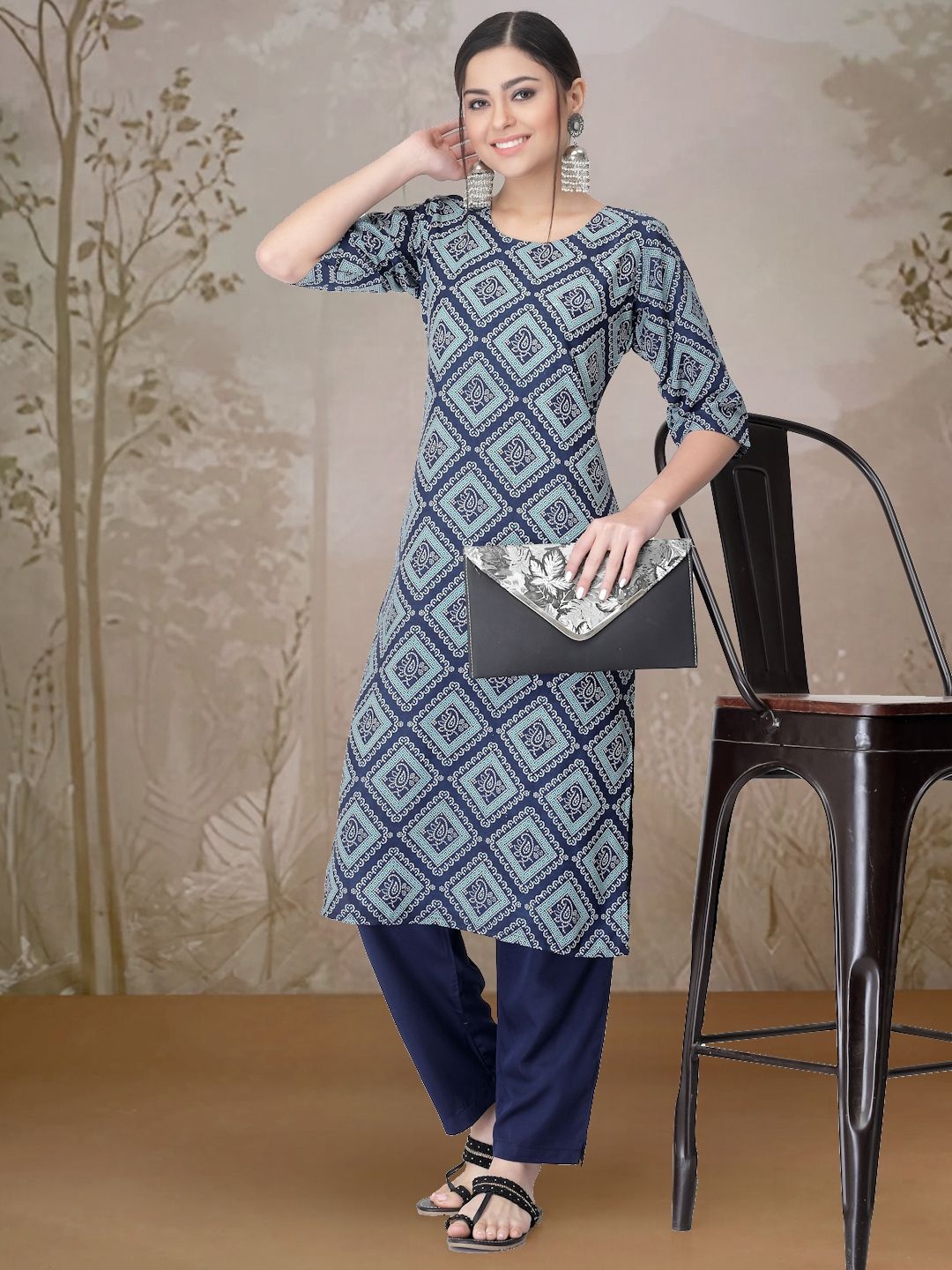 

7Threads Ethnic Motifs Printed Round Neck Straight Kurta With Trouser, Navy blue