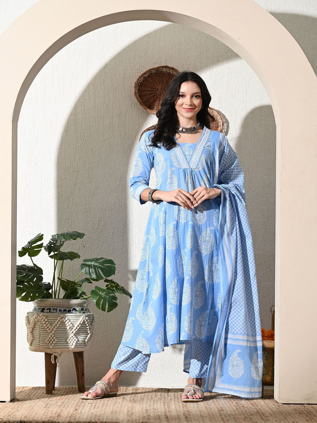 

SHOOLIN Ethnic Motifs Printed Empire A-Line Pure Cotton Kurta With Trousers & Dupatta, Blue