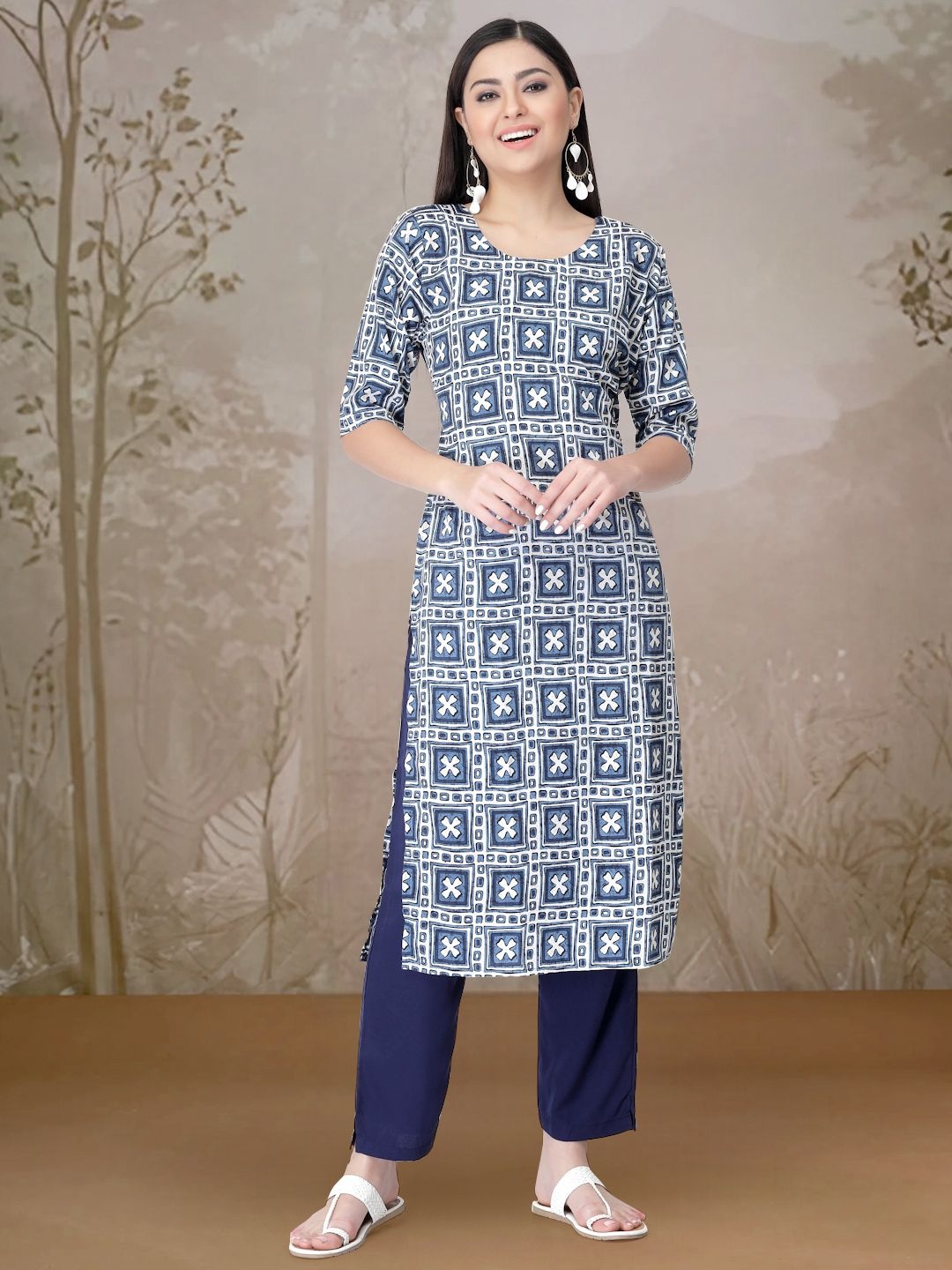 

7Threads Ethnic Motifs Printed Round Neck Straight Kurta With Trouser, Blue