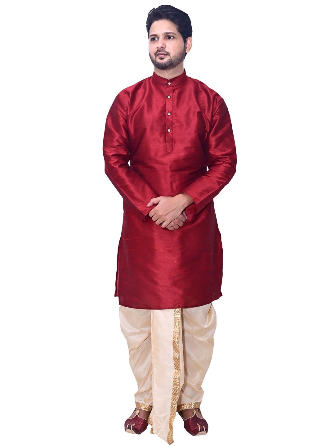 

Om Shubh Mangalam Band Collar Straight Kurta With Dhoti Pants, Maroon