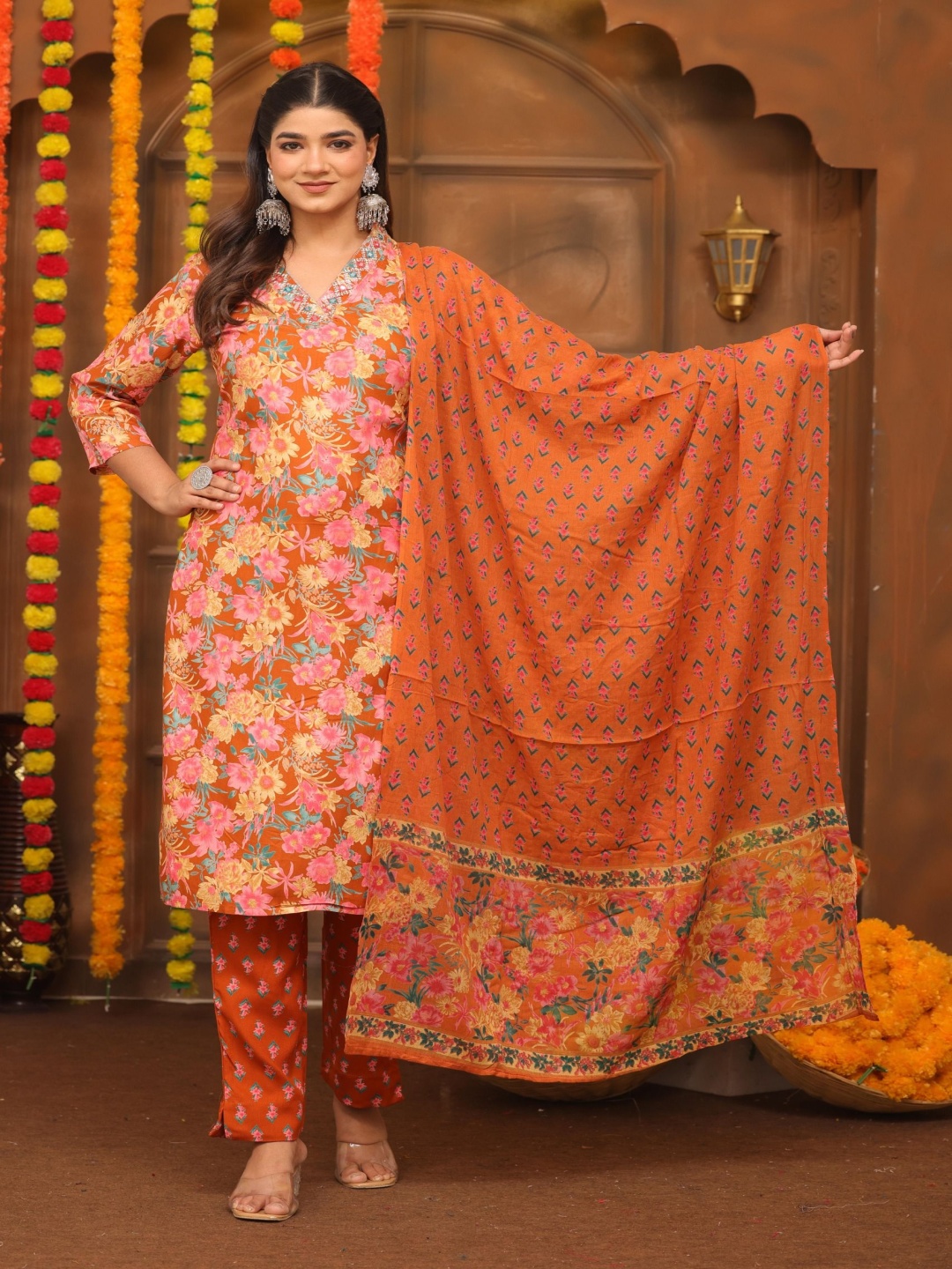 

KALINI Floral Printed Mirror Work V-Neck Straight Kurta With Trousers And Dupatta, Orange