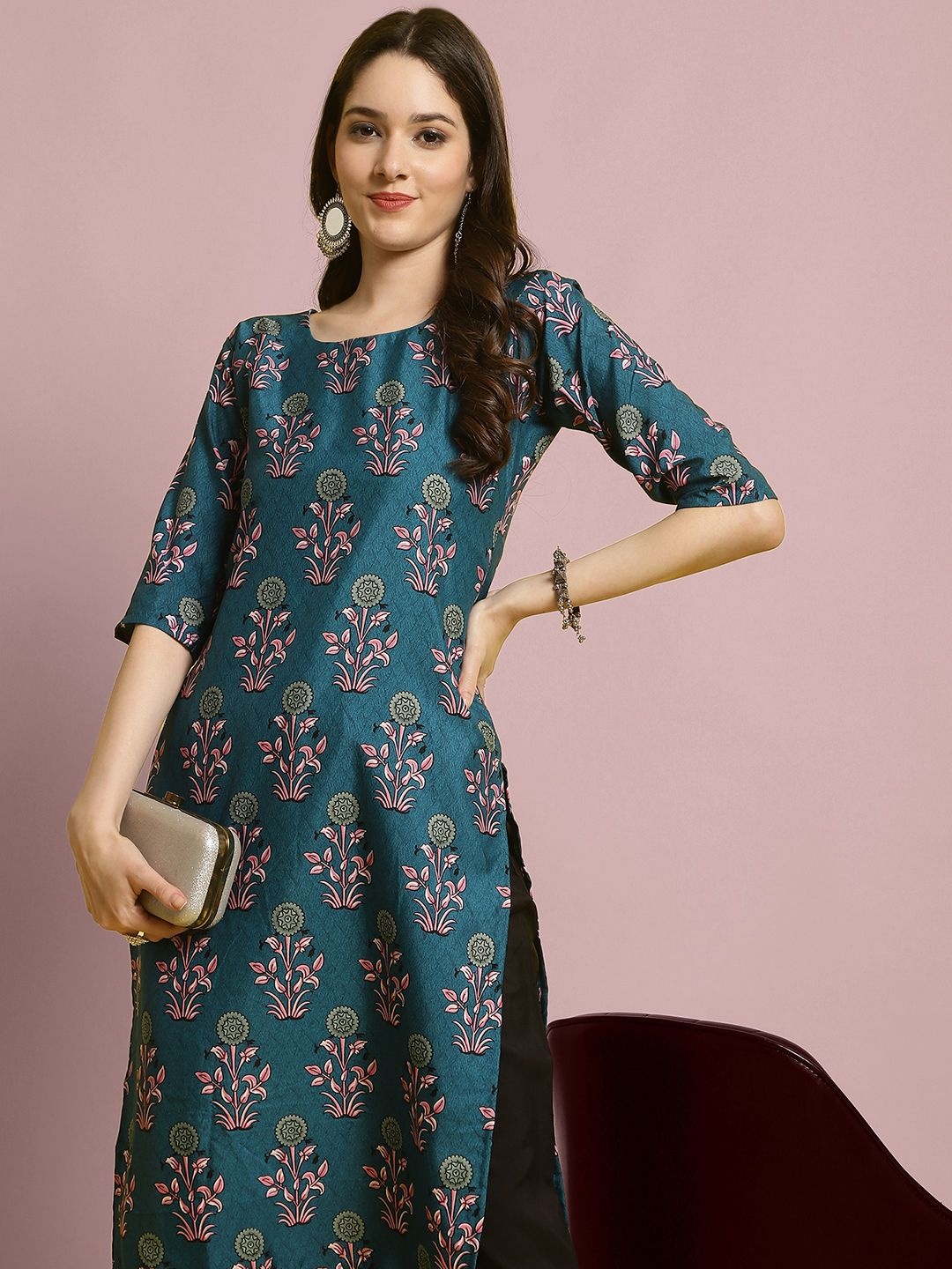 

7Threads Floral Printed Straight Kurta with Trousers, Blue
