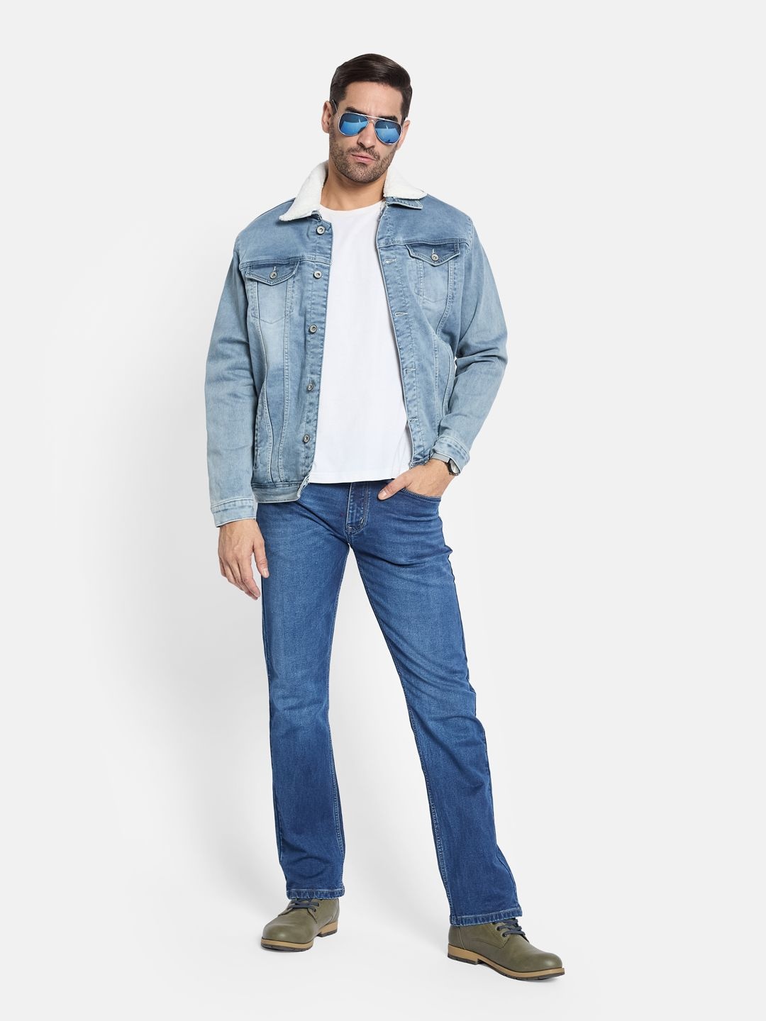 

METTLE Men Spread Collar Washed Solid Cotton Casual Denim Jacket, Blue