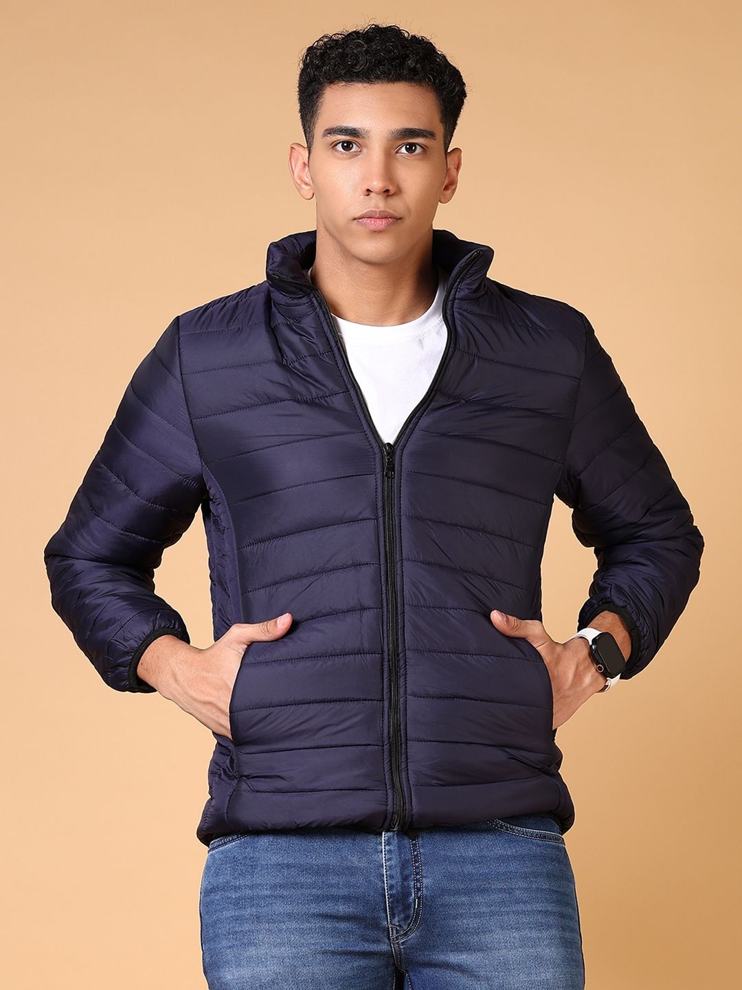 

V-Mart Men Mock Collar Solid Cotton Casual Puffer Jacket, Navy blue