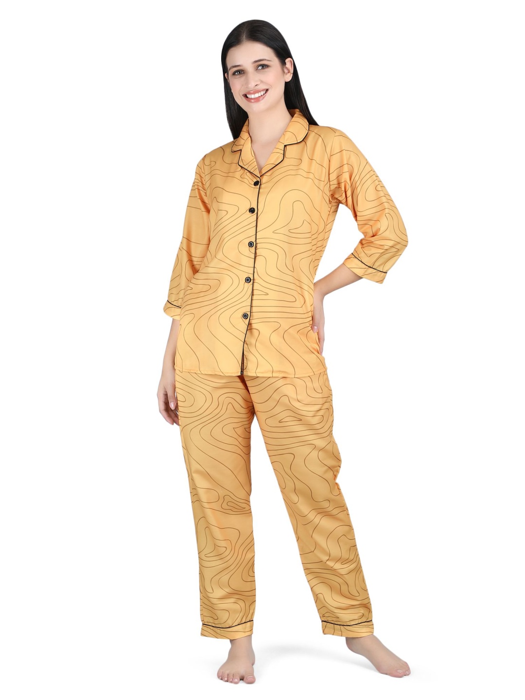 

ALL ABOUT HER Women Printed Shirt With Pyjama Night suit, Yellow