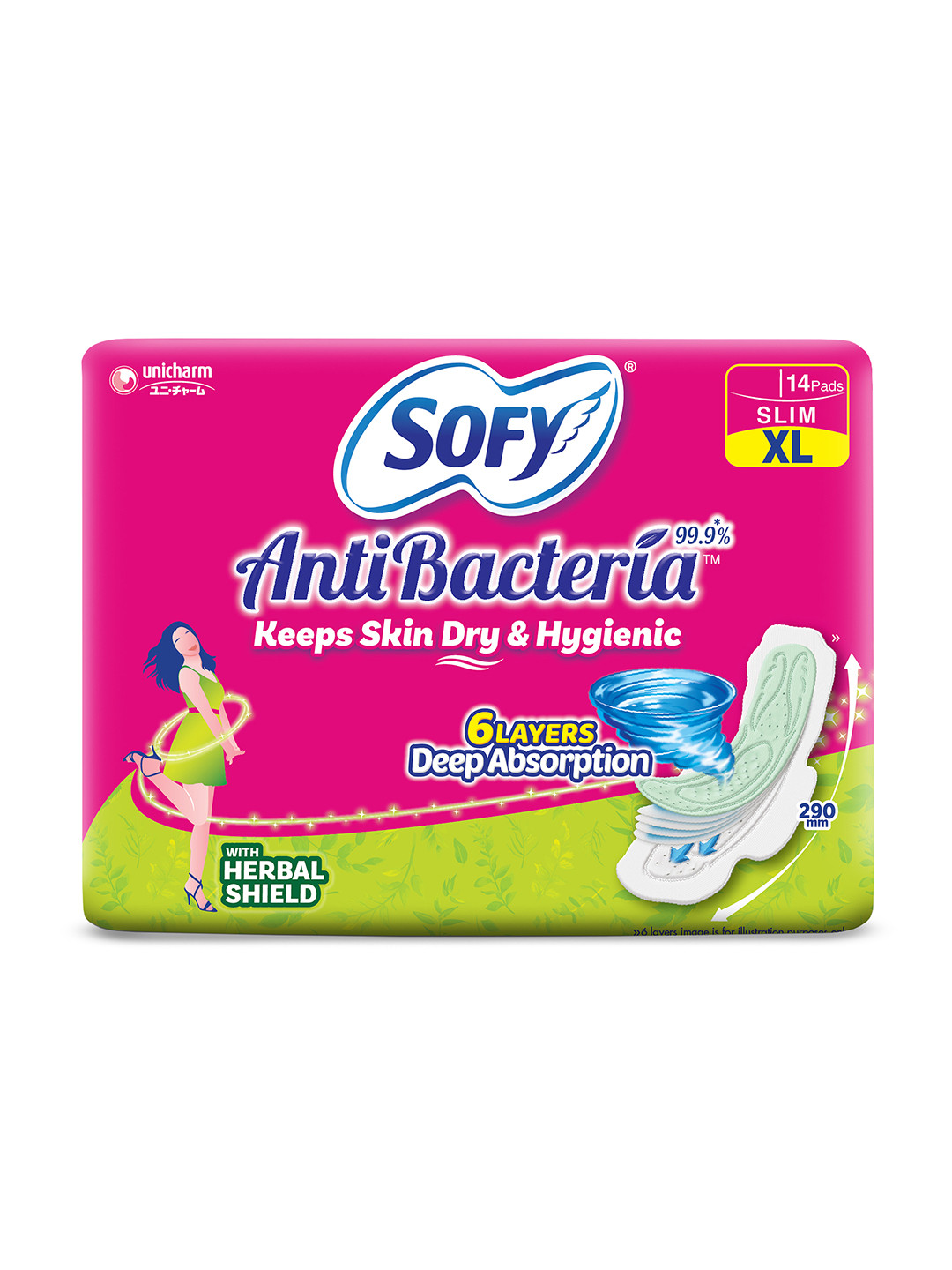 

SOFY Anti-Bacteria XL Extra Long Sanitary Pads with Herbal Shield - 14 Pads, Pink