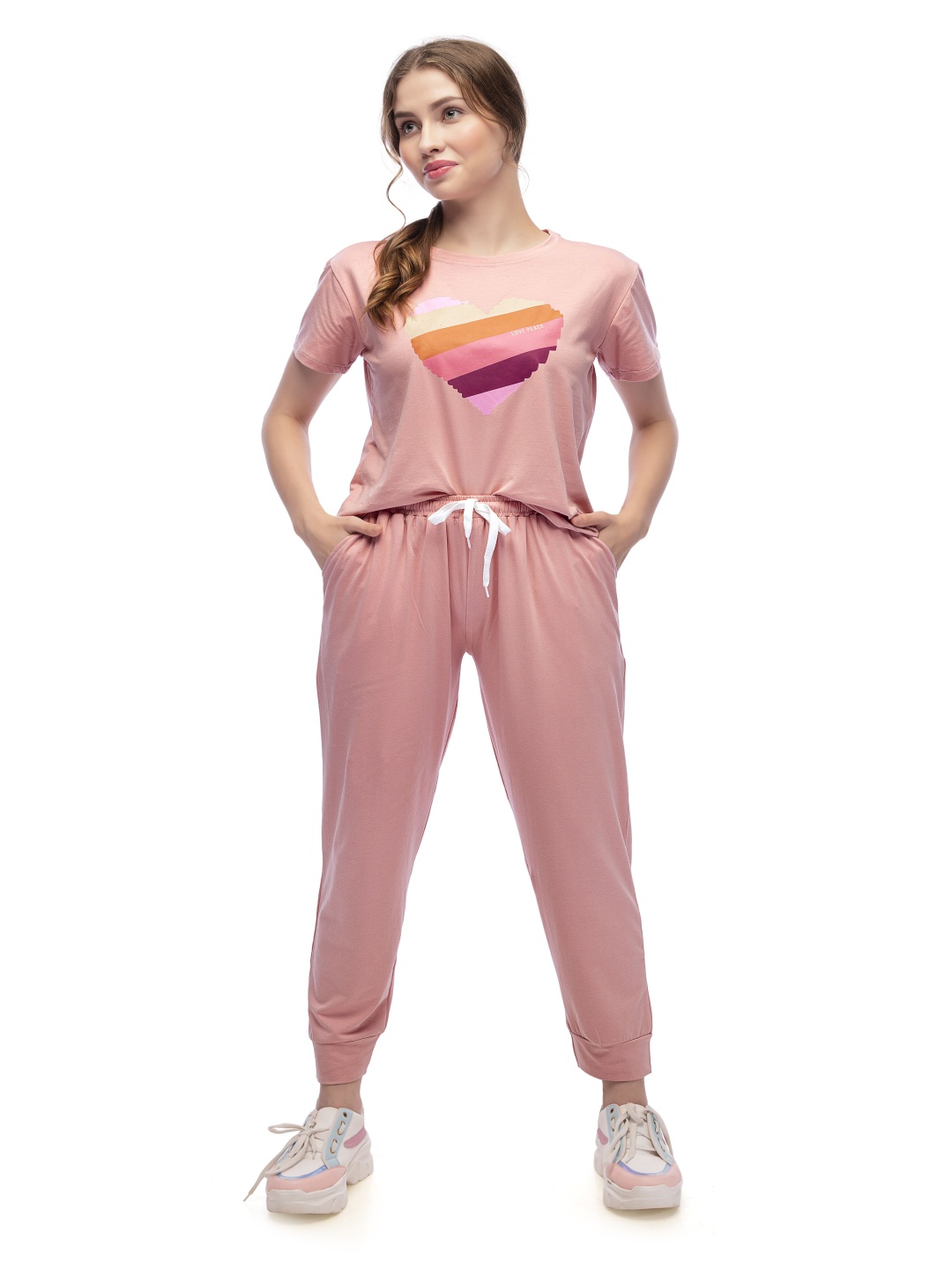 

LOTIK Women Typography Printed T-shirt and Joggers, Peach