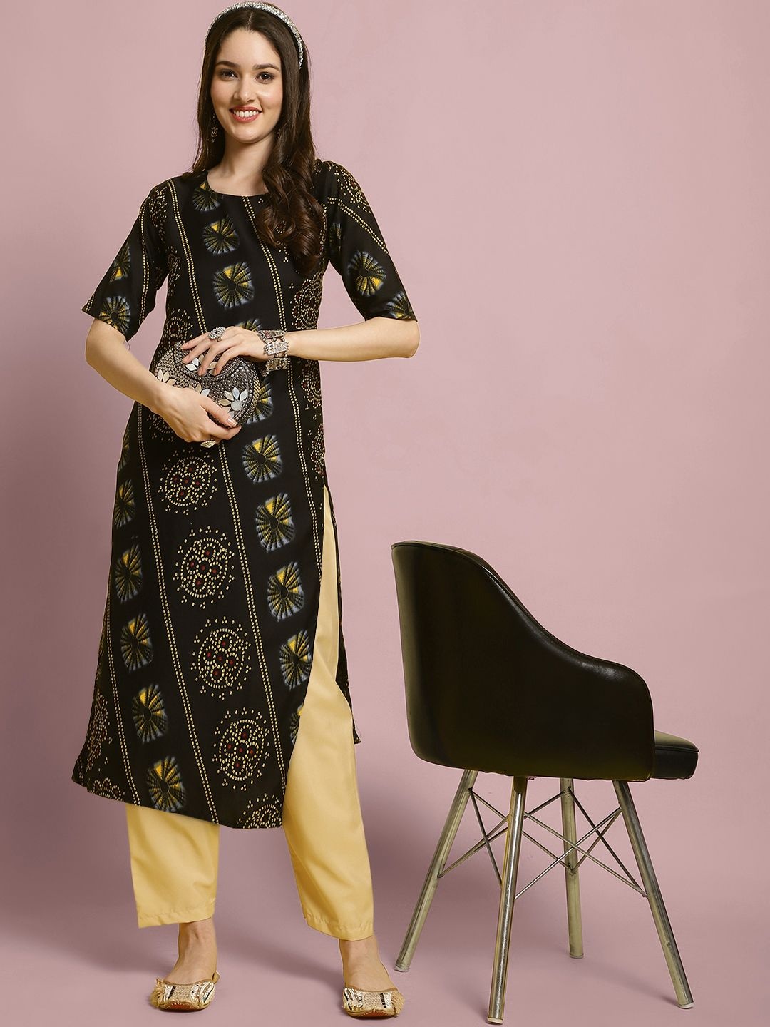 

7Threads Ethnic Motif Printed Straight Kurta With Trouser, Black