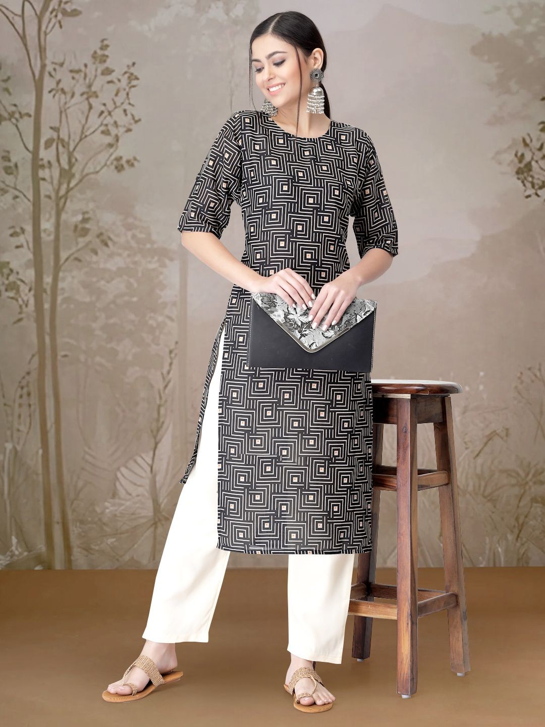 

7Threads Geometric Printed Round Neck Straight Kurta With Trouser, Black