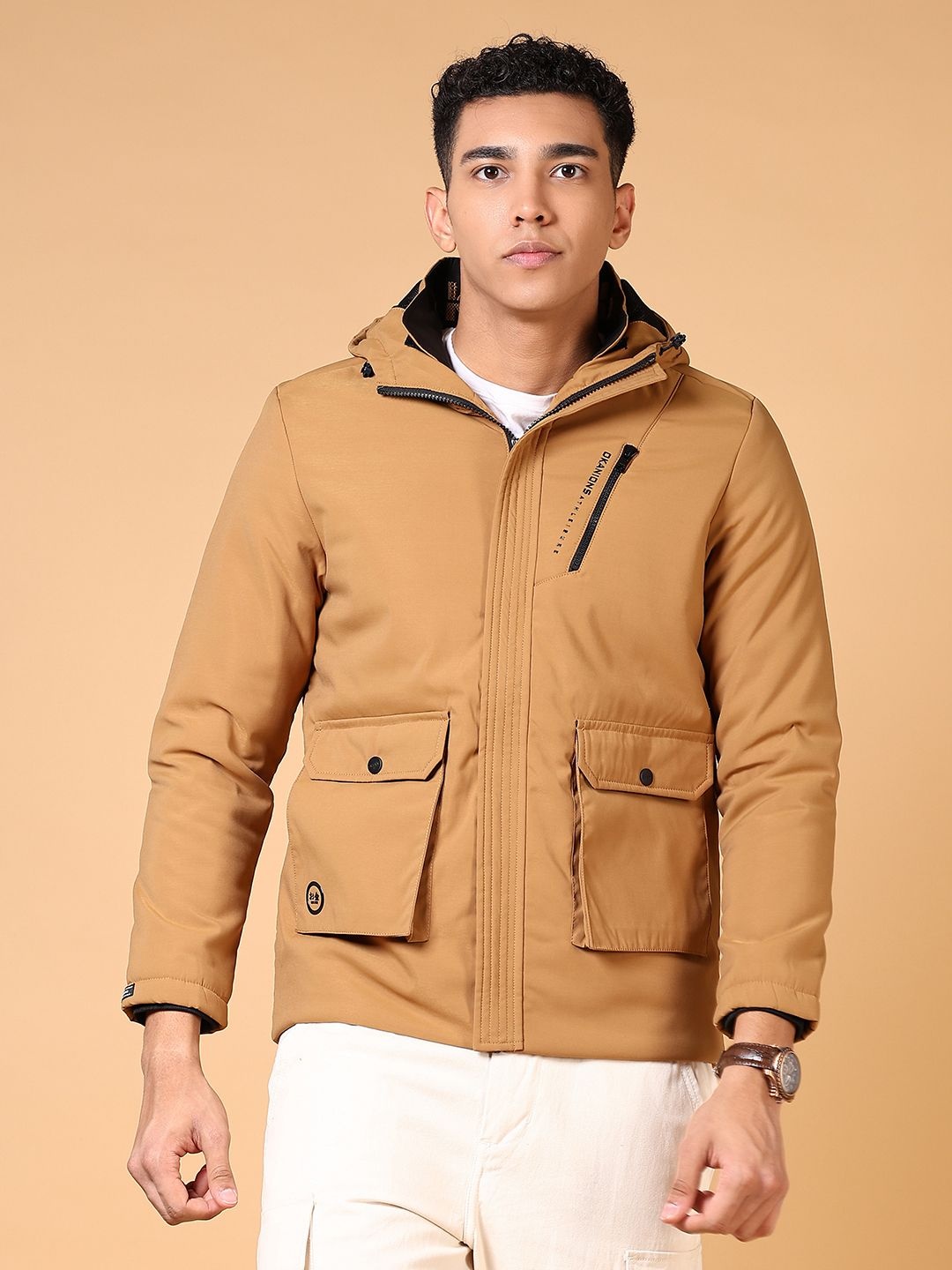 

V-Mart Men Hooded Solid Cotton Casual Tailored Jacket, Beige