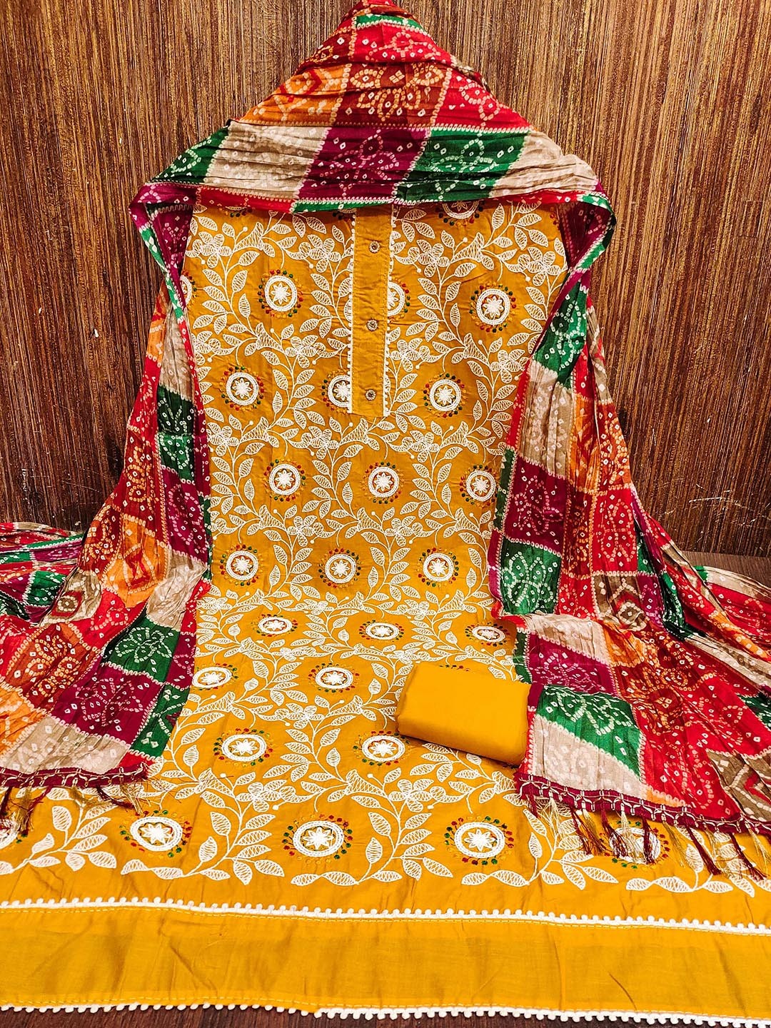 

KALINI Floral Embroidered Unstitched Dress Material, Mustard