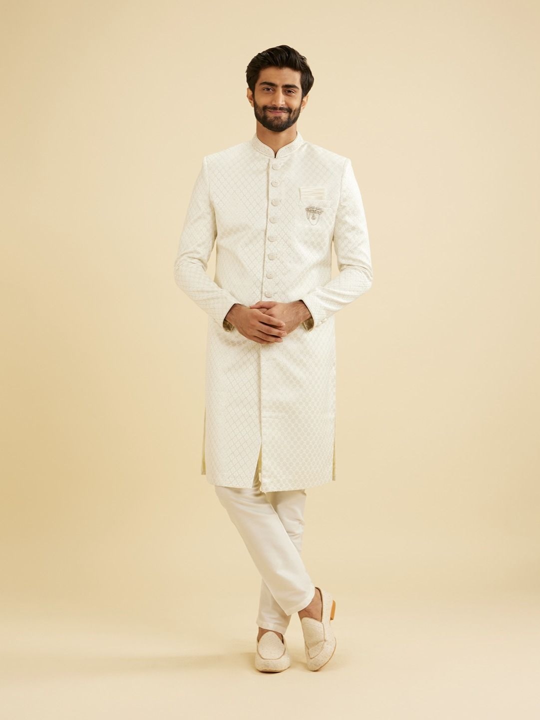 

Manyavar Men Self Design Sherwani Set, Cream