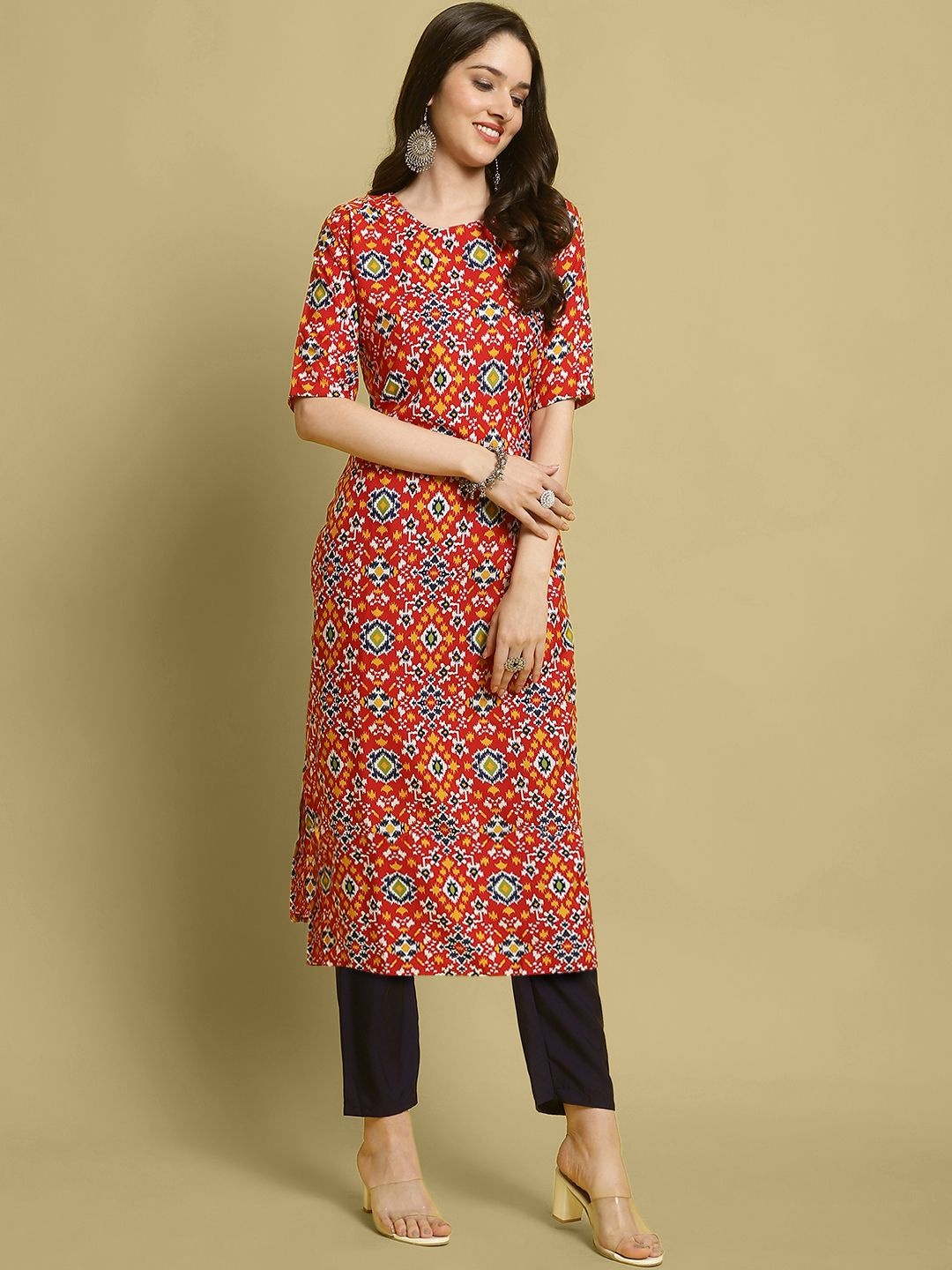 

7Threads Ethnic Motifs Printed Round Neck Straight Kurta with Trouser, Red