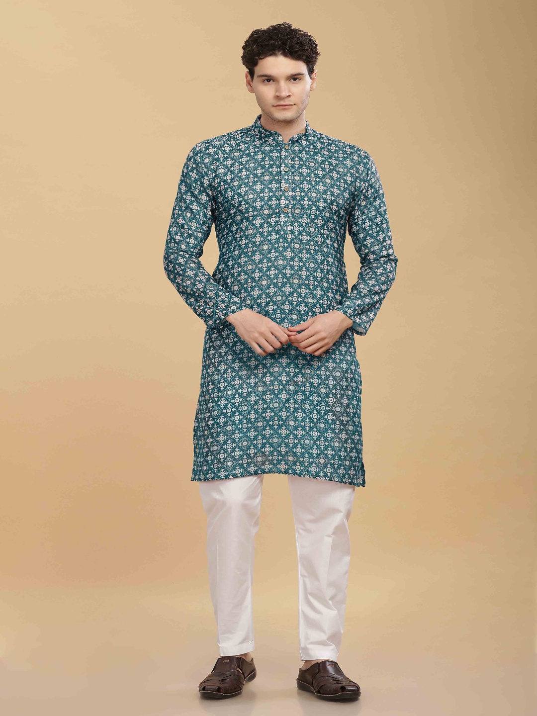 

Anouk TEAL Ethnic Motifs Printed Mandarin Collar Cotton Straight Kurta