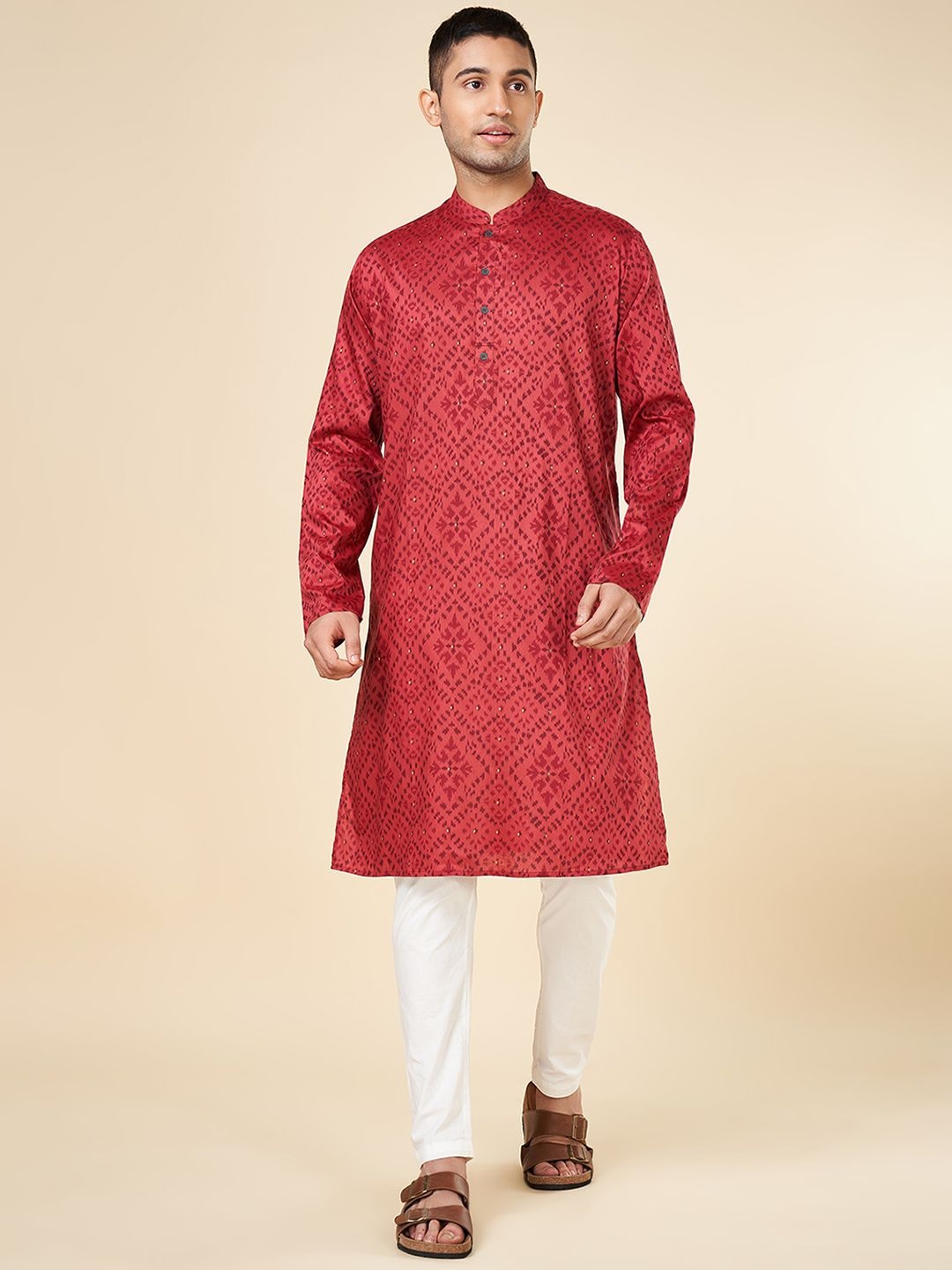 

indus route by Pantaloons Geometric Printed Mandarin Collar Straight Kurta, Red