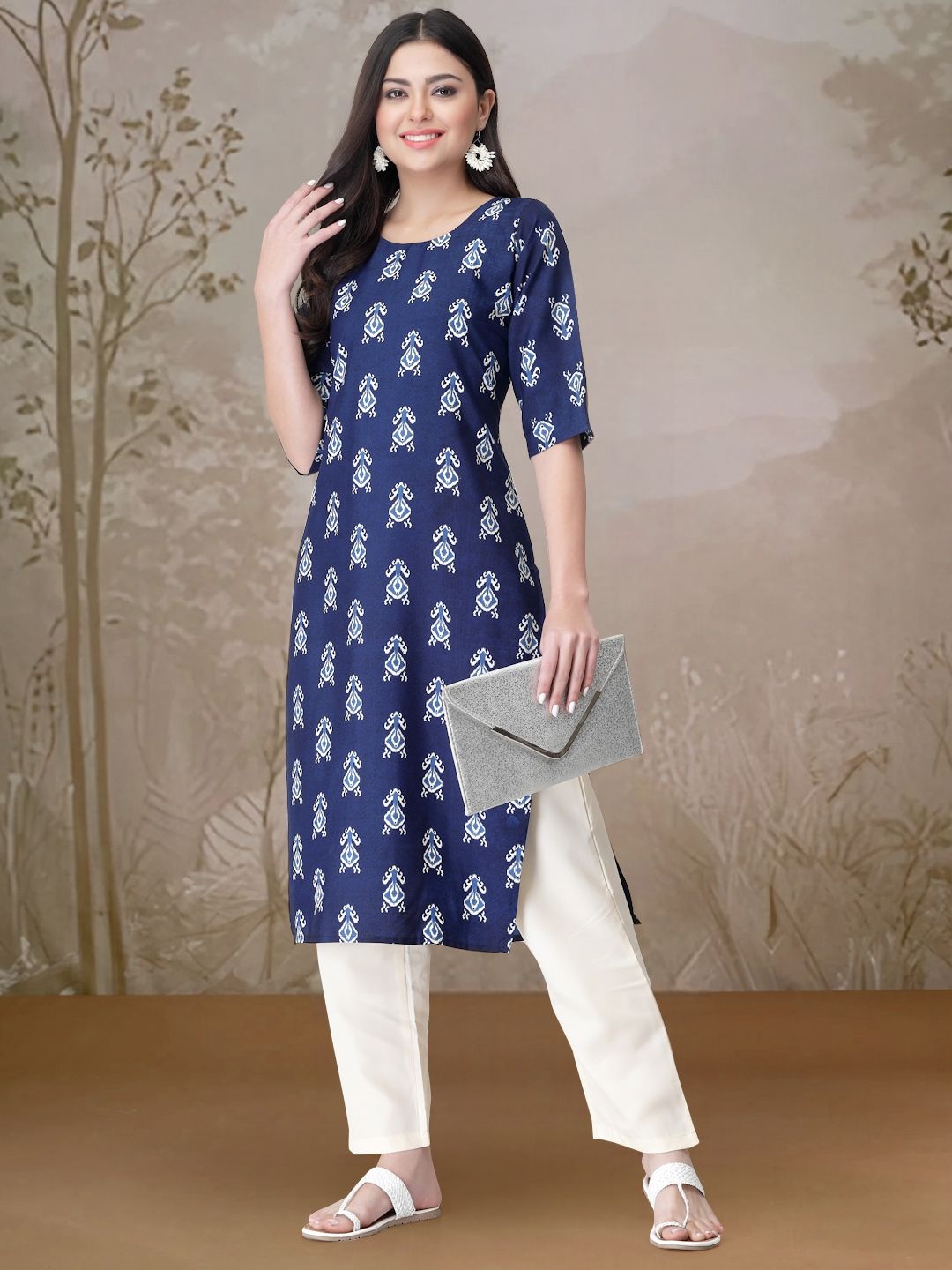 

7Threads Ethnic Motifs Printed Round Neck Straight Kurta With Trouser, Navy blue