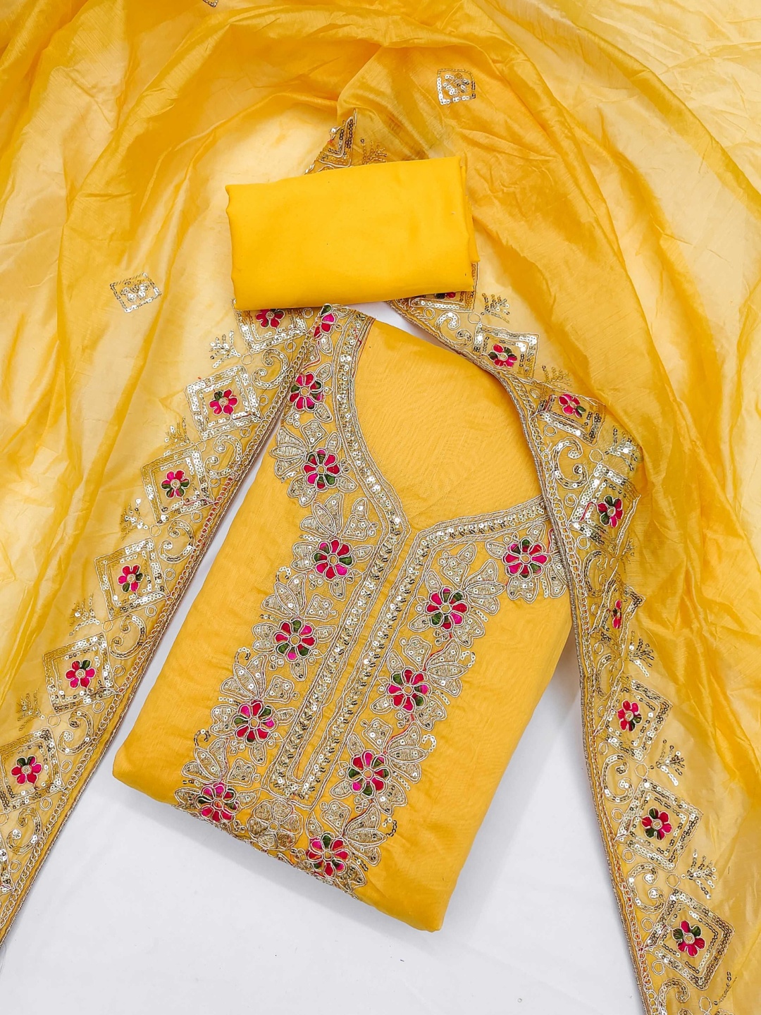 

Panzora Floral Embroidered Sequinned Chanderi Silk Unstitched Dress Material, Yellow