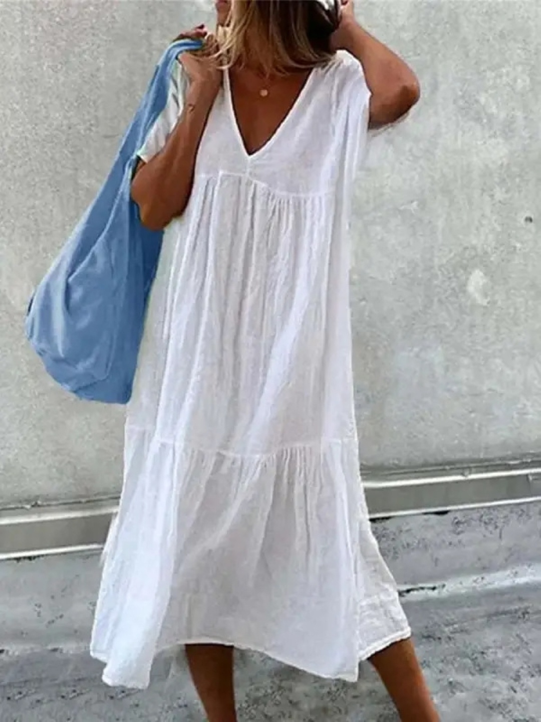 

HERE&NOW Solid V-Neck Midi A-Line Dress, White