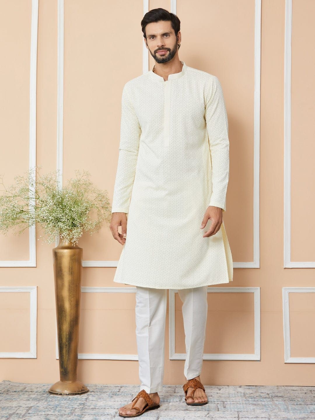 

MULTI SHADES Ethnic Motifs Embroidered Mandarin Collar Straight Kurta With Trousers, Cream