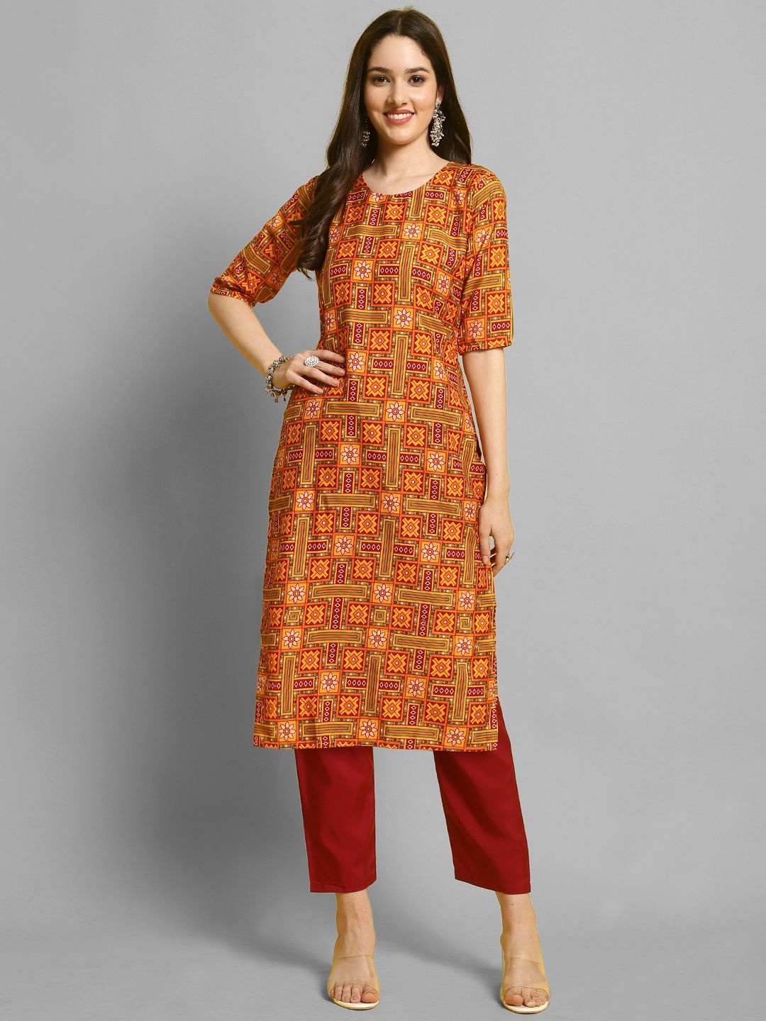 

7Threads Ethnic Motifs Printed Round Neck Straight Kurta With Trousers, Mustard