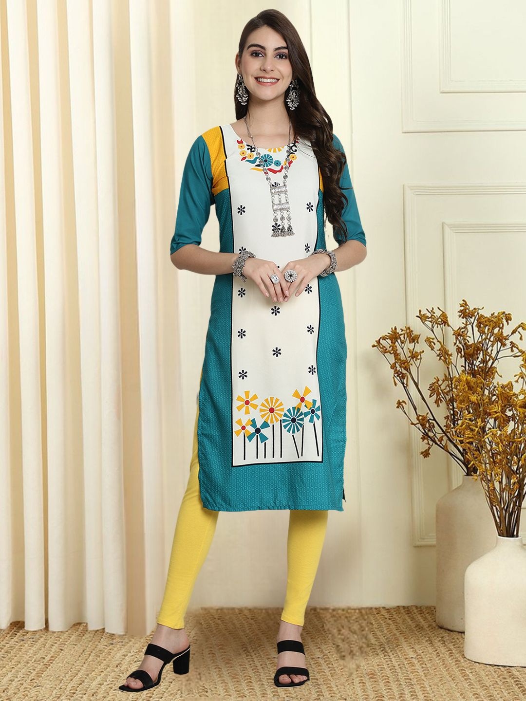 

7Threads Colour Blocked Round Neck Kurta, Blue