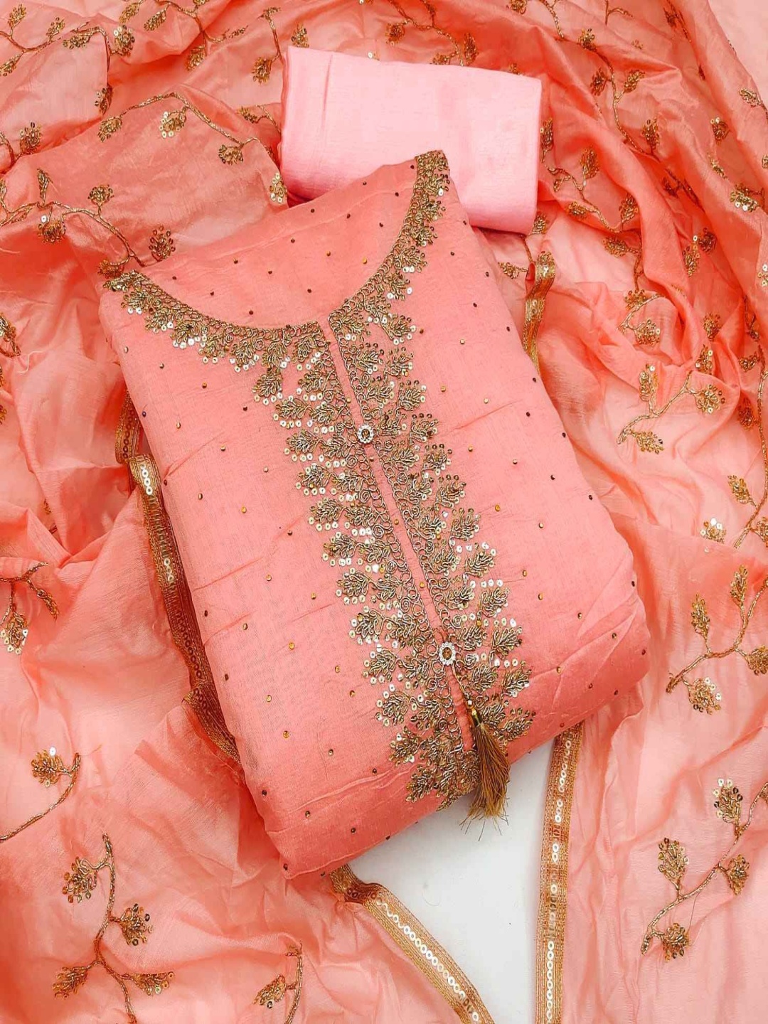 

RUDRAA FAB Floral Embroidered Sequinned Unstitched Dress Material, Peach