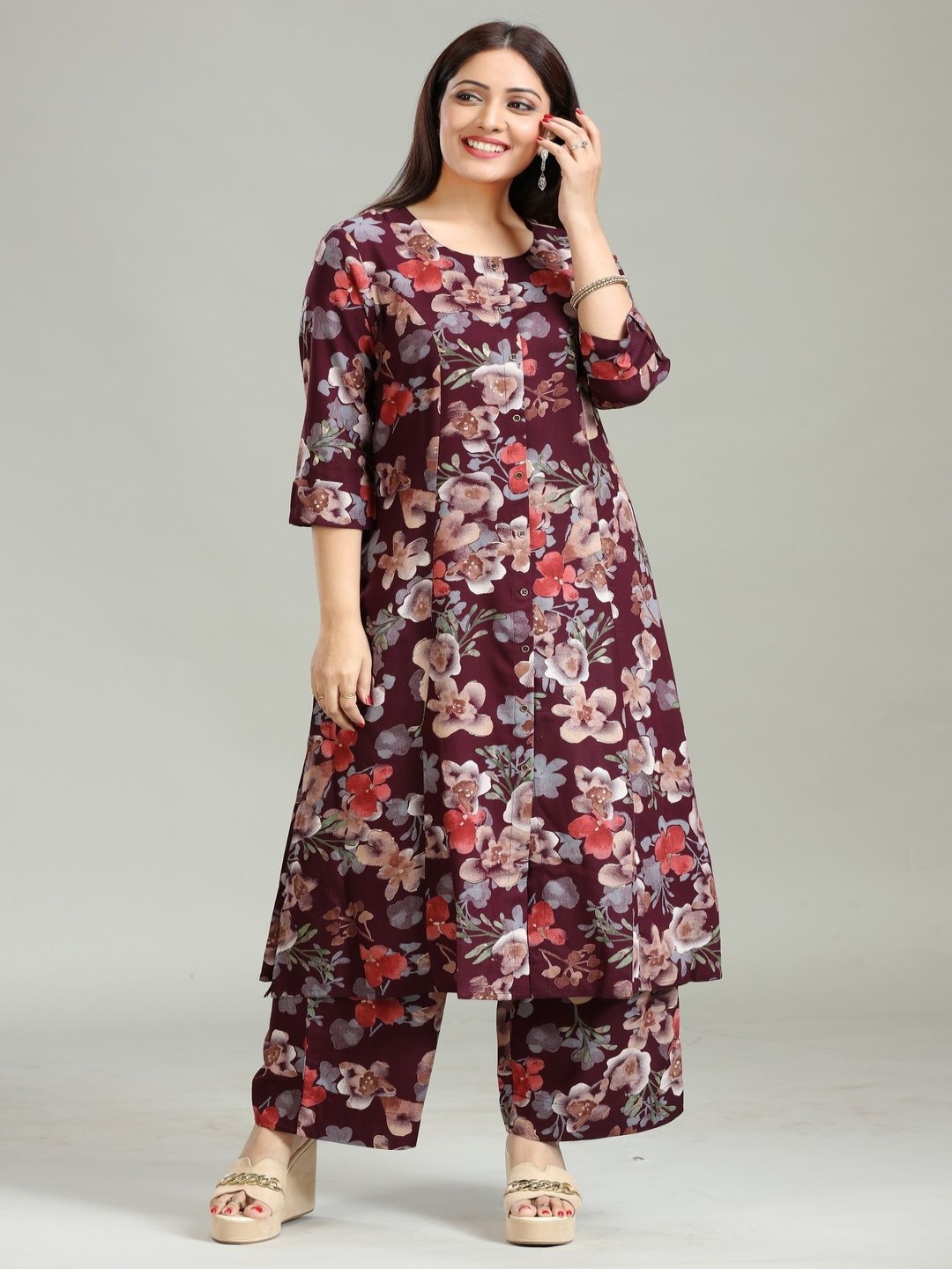 

COTTON CULTURE Floral Printed Panelled Pure Cotton A-Line Kurta With Palazzo, Burgundy