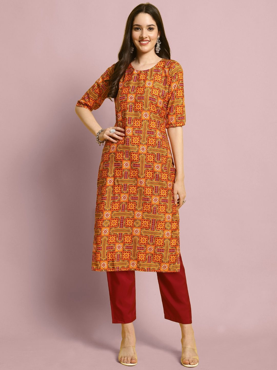 

7Threads Ethnic Motifs Printed Straight Kurta with Trouser, Red