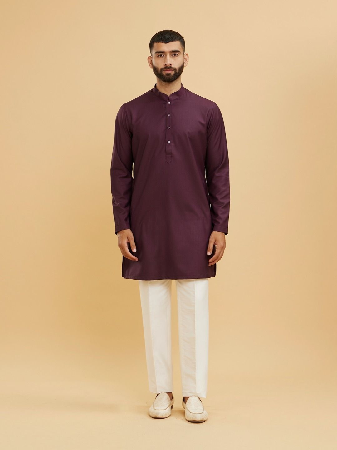 

Twamev Mandarin Collar Zardozi Straight Kurta With Trousers & Nehru Jacket, Purple