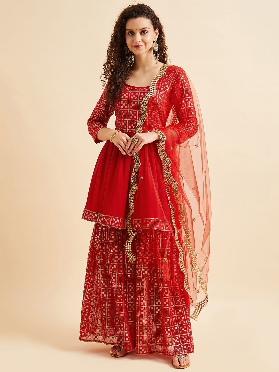 

PANIT Floral Embroidered Scoop Neck Sequinned Anarkali Kurti With Sharara And Dupatta, Red