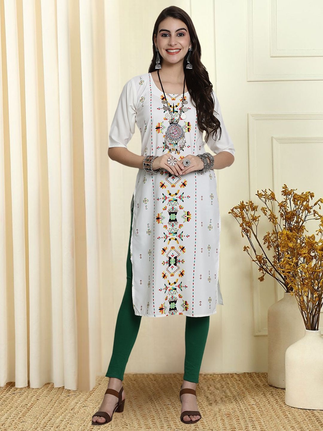 

7Threads Women Ethnic Motifs Printed Round Neck Straight Shaped Kurta, White