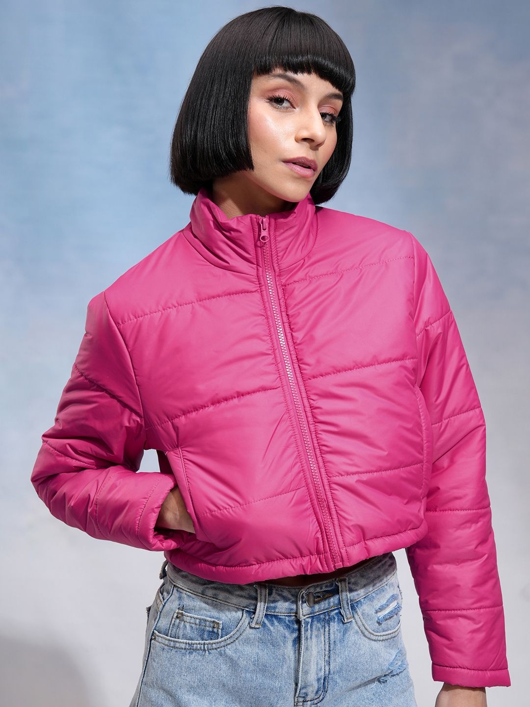 

Tokyo Talkies Women Mock Collar Solid Casual Puffer Jacket, Pink