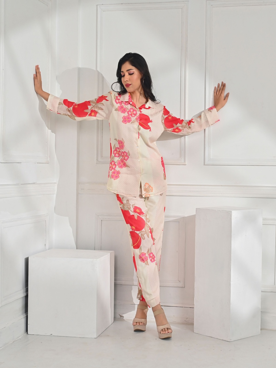 

Unityshop Printed Shirt Collar Long Sleeves Shirt With Trouser, Beige