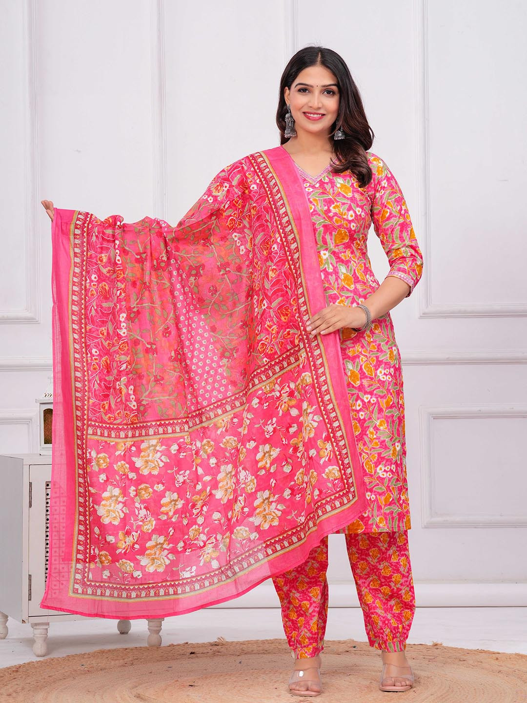 

Aktasa Floral Printed V-Neck Straight Pure Cotton Kurta with Trousers And Dupatta, Pink