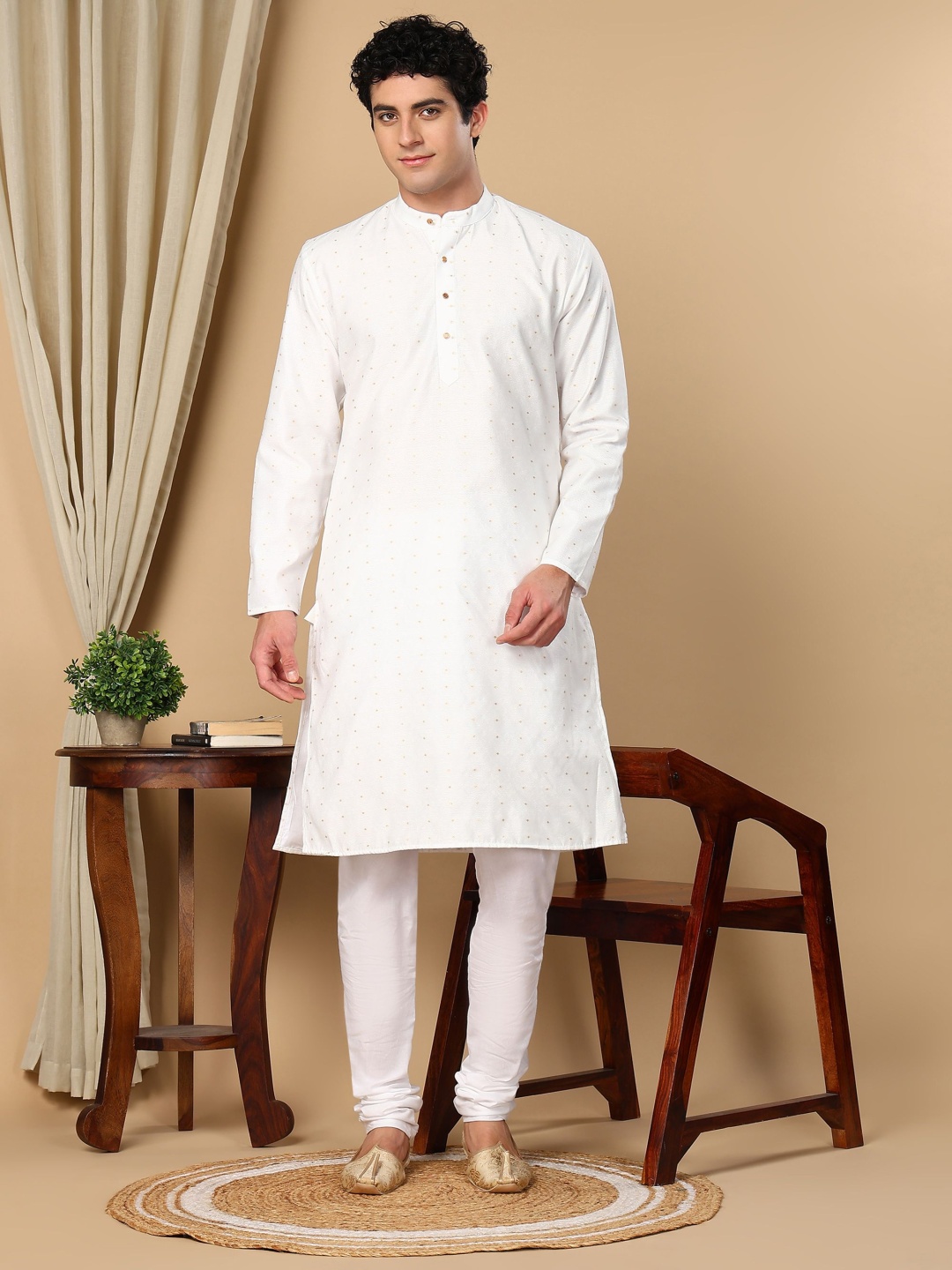 

TATTVA Woven Design Band Collar Embellished Straight Kurta With Pyjamas, White