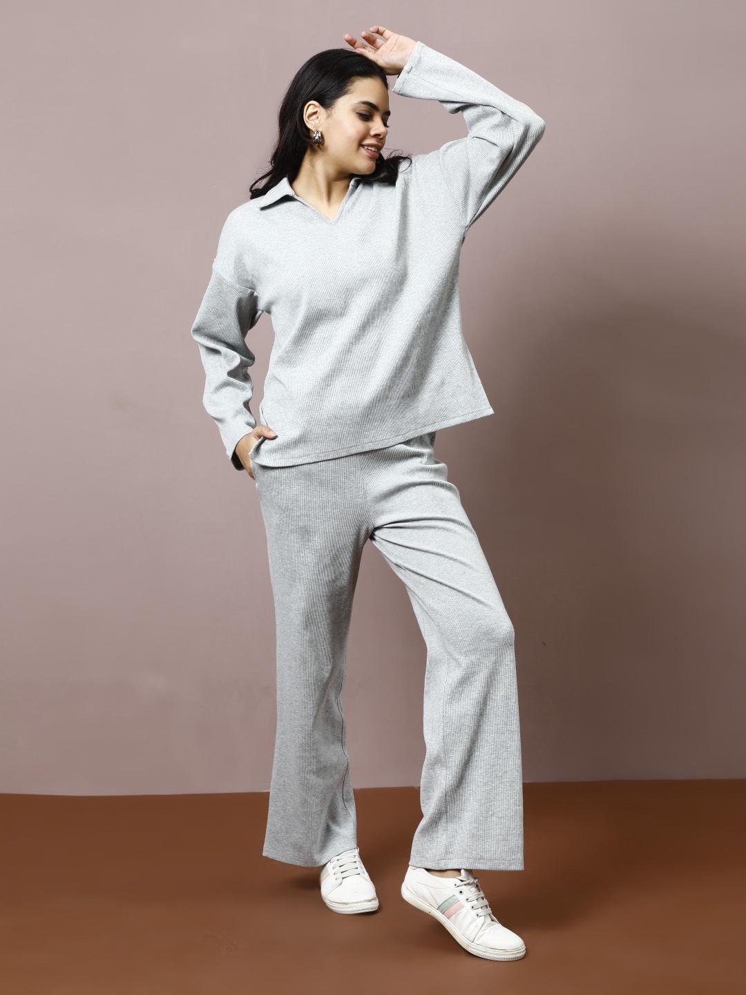 

Athena Self Design Shirt Collar Long Sleeves T-Shirt With Trouser, Grey