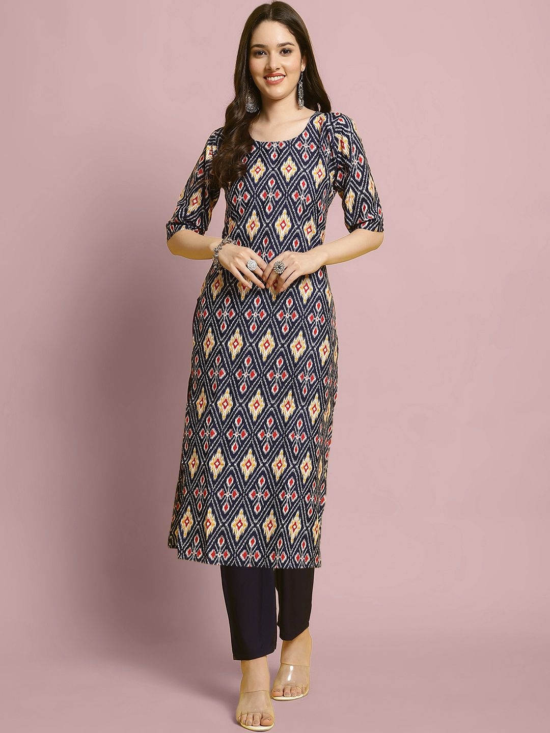 

7Threads Ethnic Motifs Printed Straight Kurta With Trouser, Navy blue