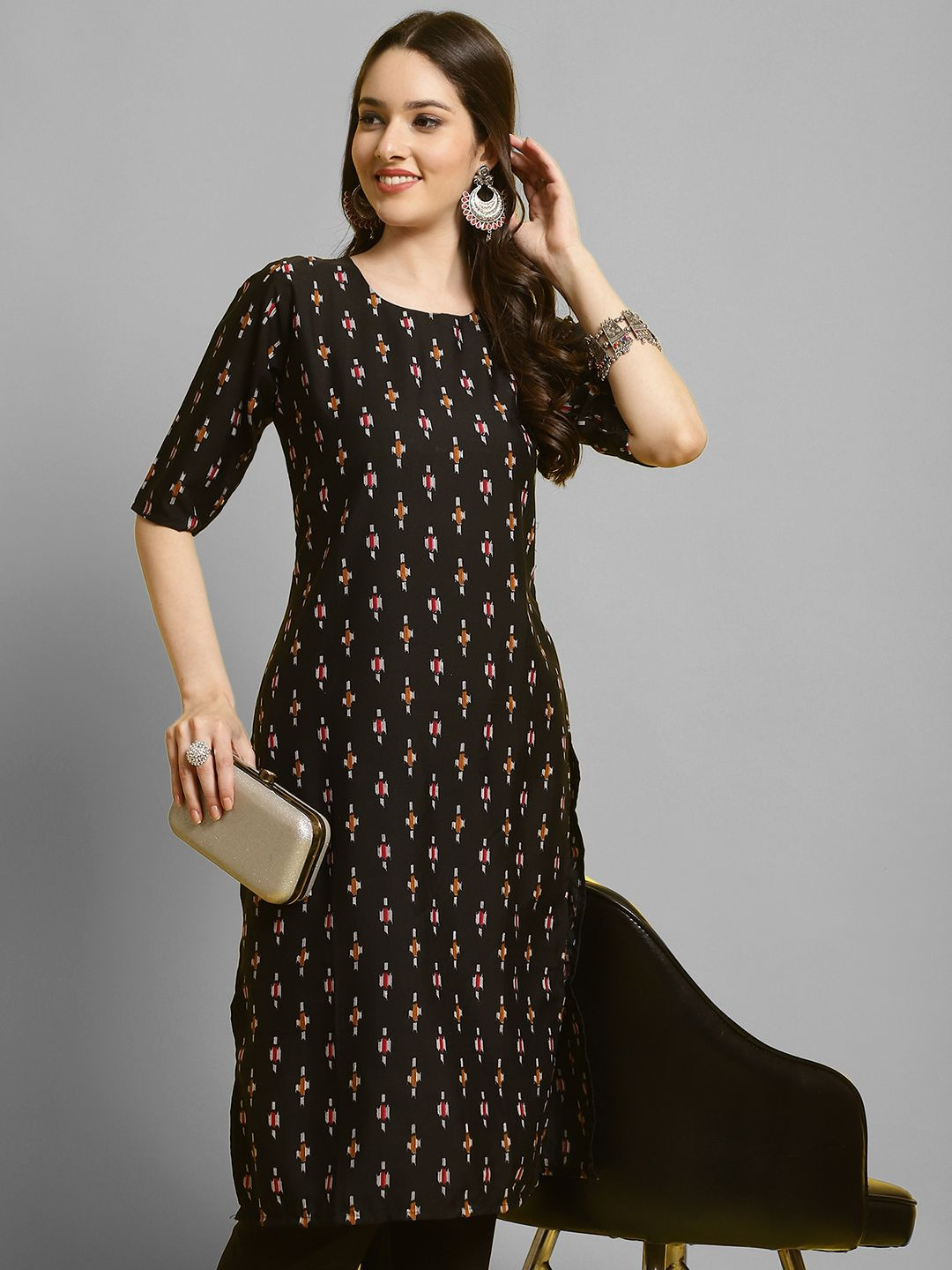 

7Threads Ethnic Motifs Printed Round Neck Straight Kurta with Trouser, Black