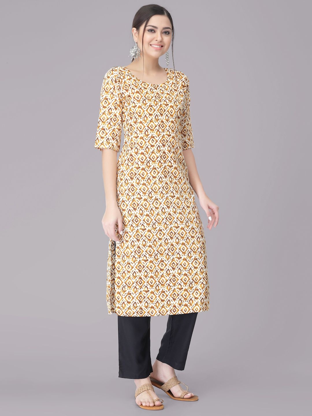 

7Threads Ethnic Motifs Printed Round Neck Straight Kurta With Trousers, Beige