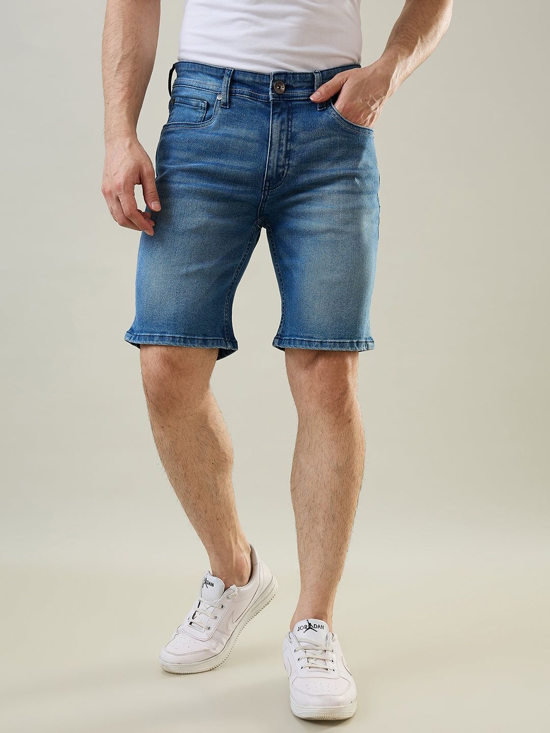 

TIM PARIS Men Cotton Mid-Rise Washed Knee Length Regular Fit Denim Shorts, Blue