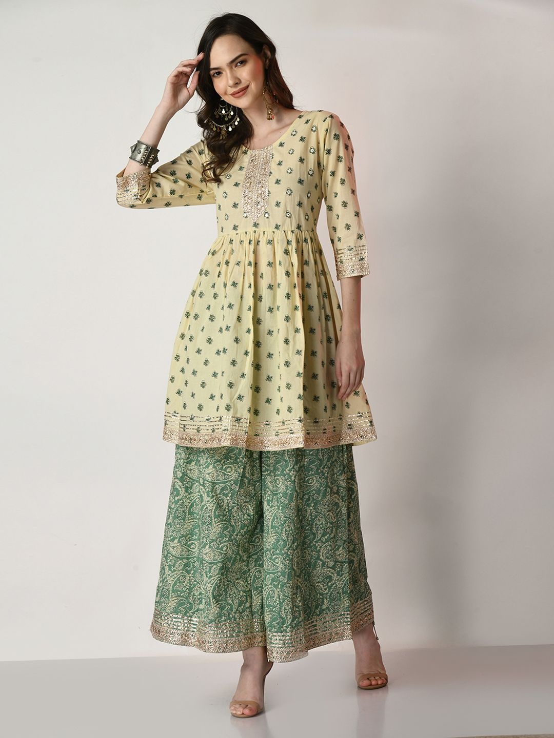 

SHOOLIN Ethnic Motifs Printed Pleated A-Line Pure Cotton Kurta With Palazzos & Dupatta, Green