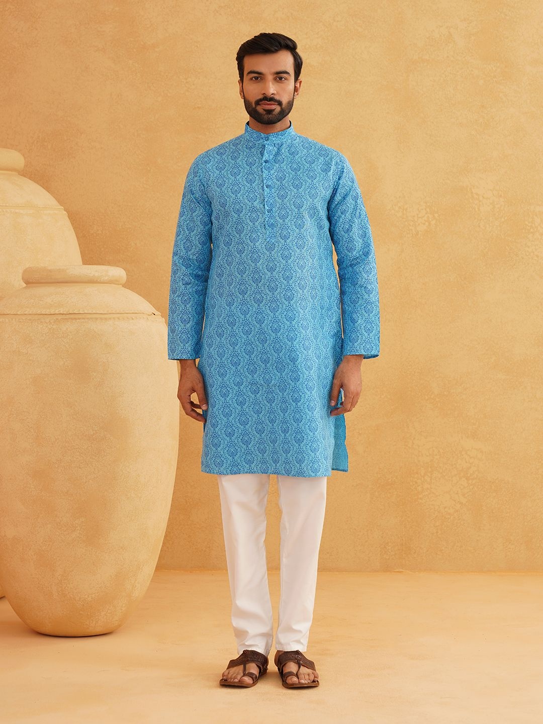

SOJANYA Ethnic Motifs Printed Band Collar Straight Long Kurta, Blue