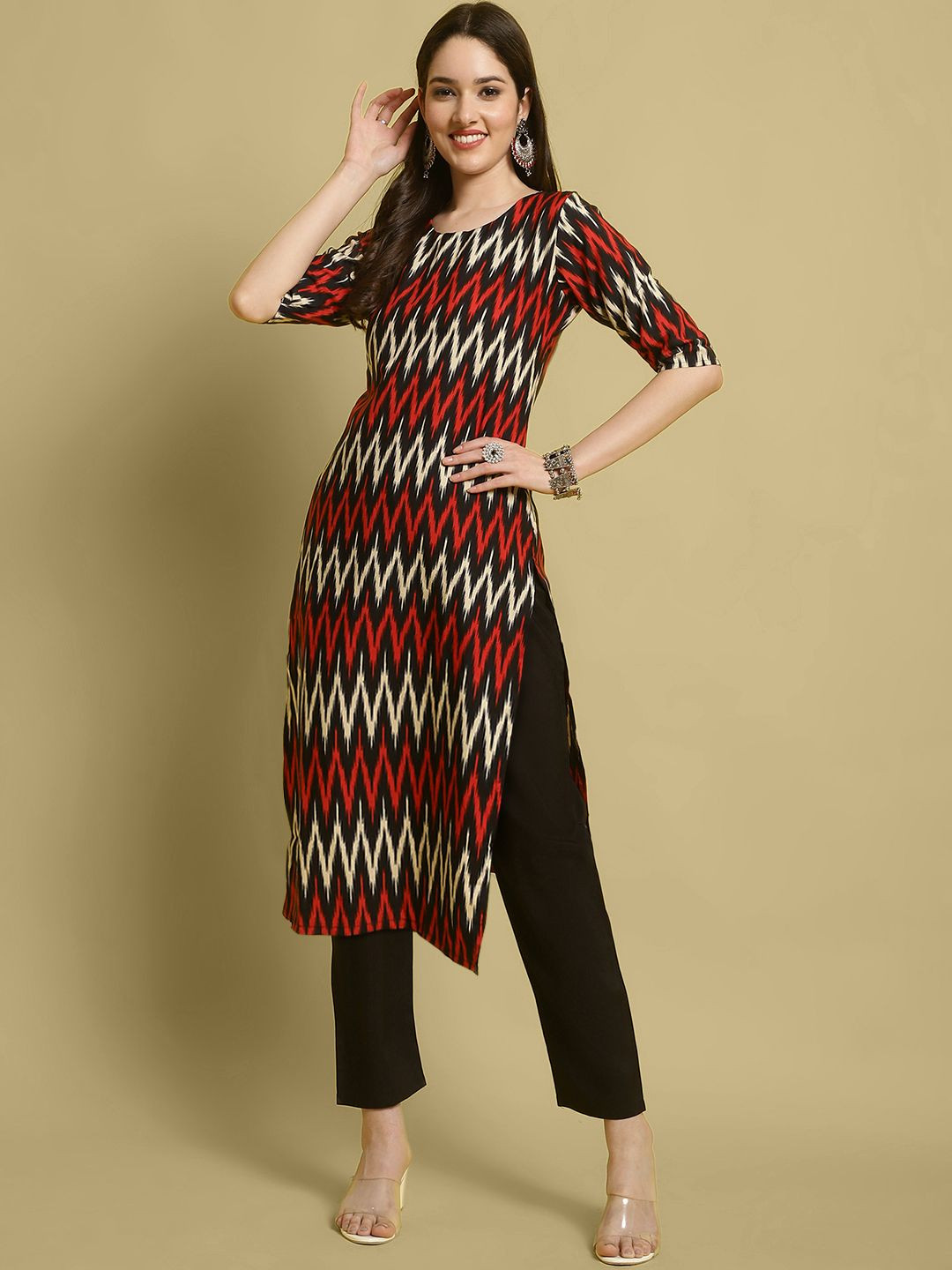 

7Threads Chevron Printed Straight Kurta With Trousers, Black