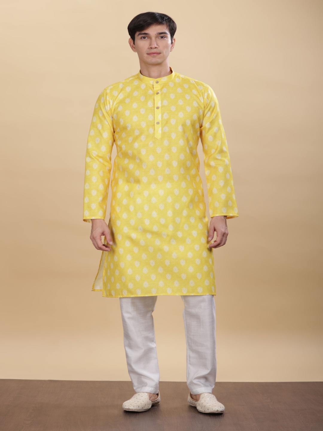 

Anouk Yellow Ethnic Motifs Printed Band Collar Cotton Straight Kurta