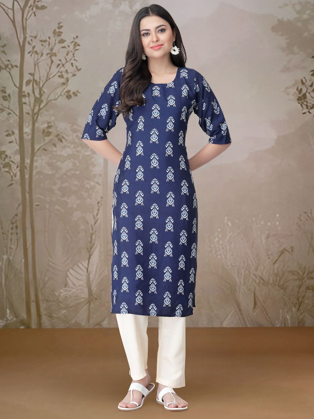 

7Threads Ethnic Motifs Printed Round Neck Straight Kurta With Trousers, Blue