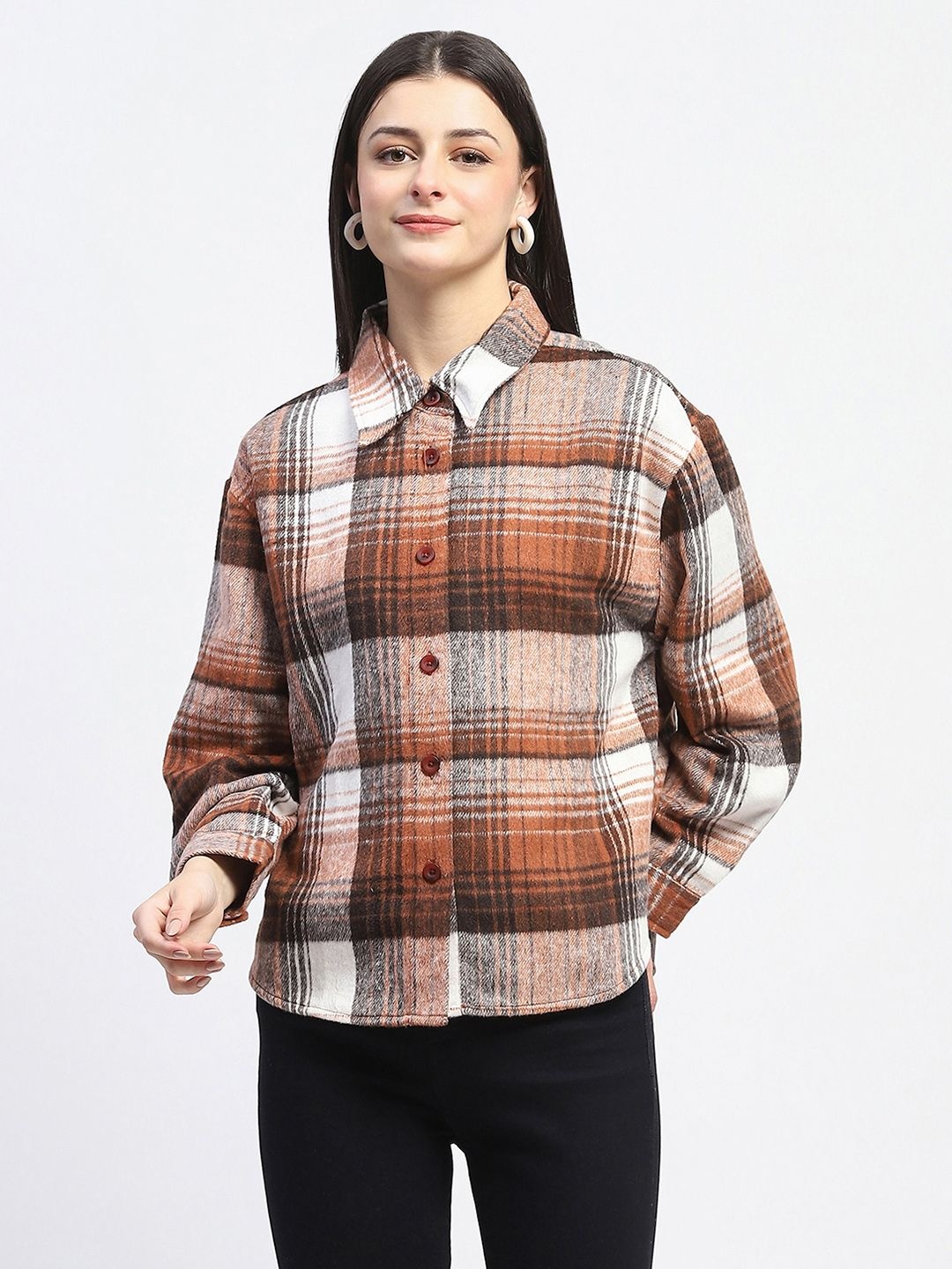 

Madame Tartan Checked Relaxed Fit Casual Shacket, Brown