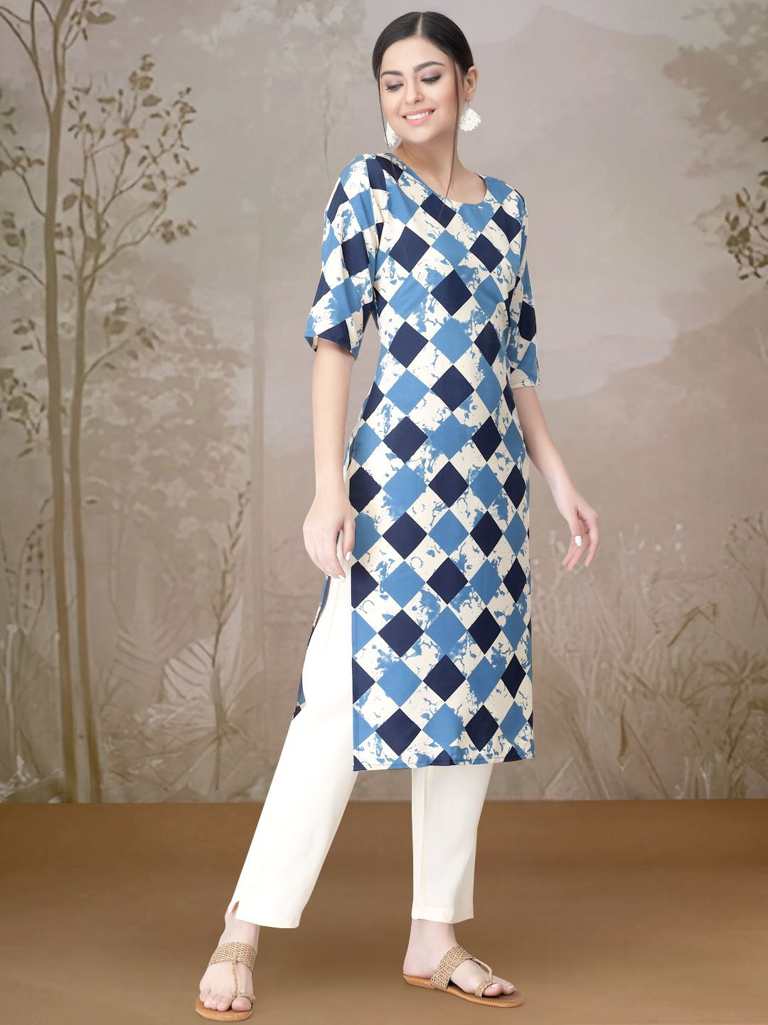 

7Threads Geometric Printed Round Neck Straight Kurta With Trouser, White