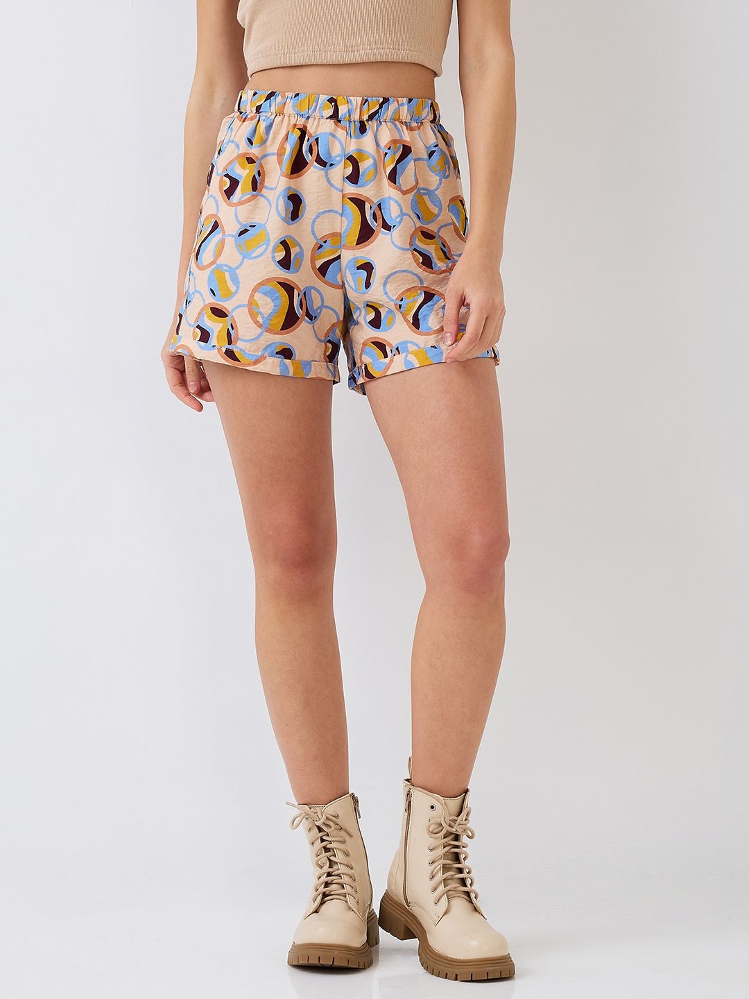 

HERE&NOW Women Printed Regular Fit Mid-Rise Cotton Shorts, Blue