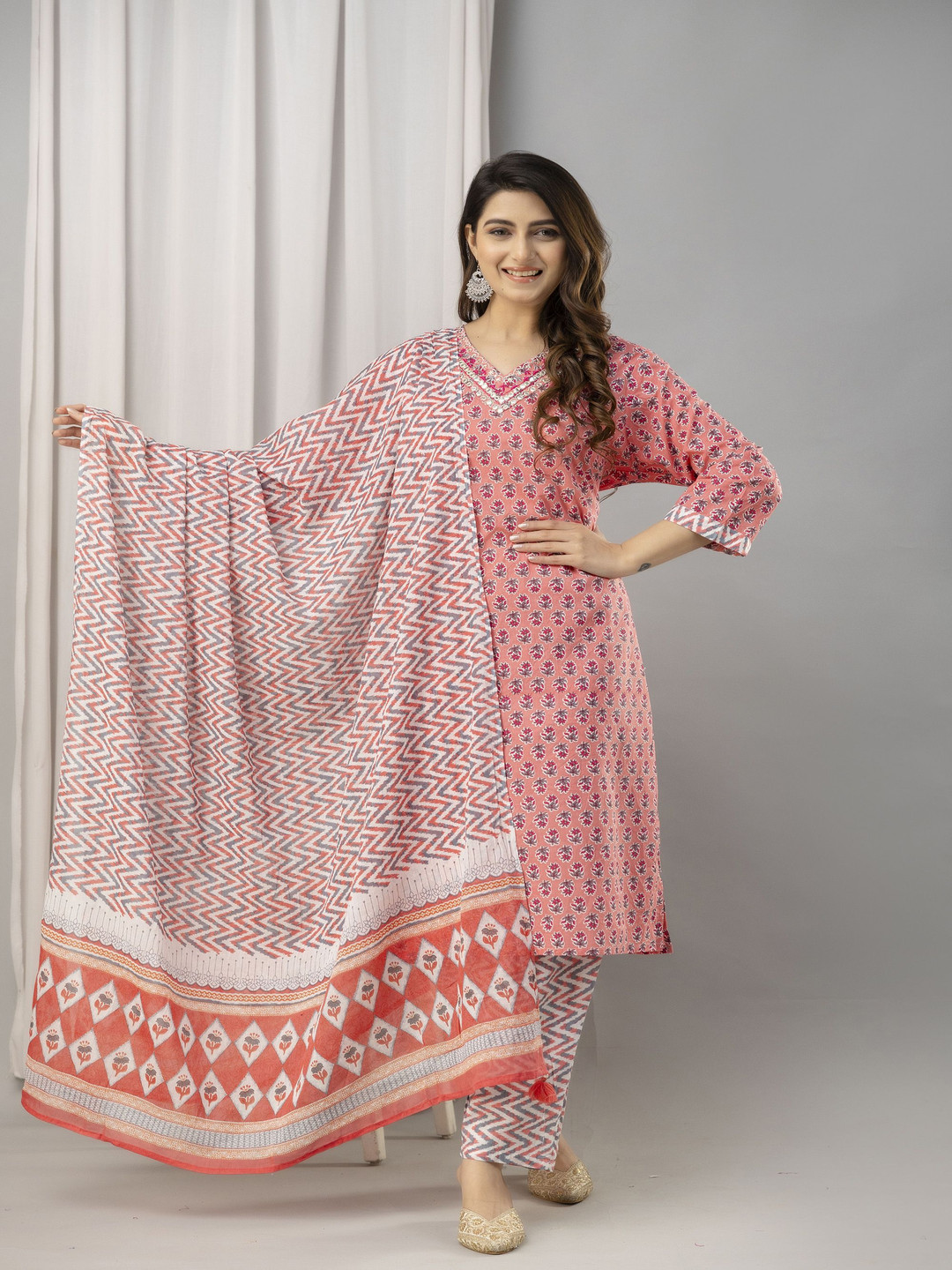 

FrionKandy Floral Printed Embellished Pure Cotton Straight Kurta With Trouser And Dupatta, Peach