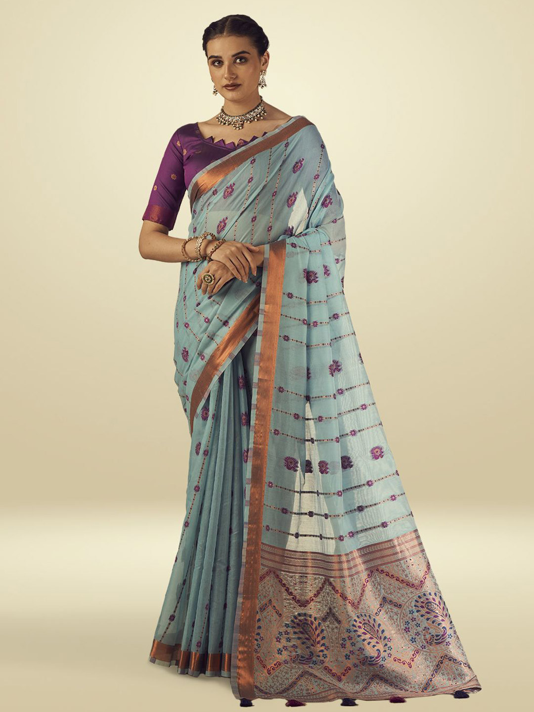 

Aura Ethnic Motif Zari Border Tassel Saree, Blue